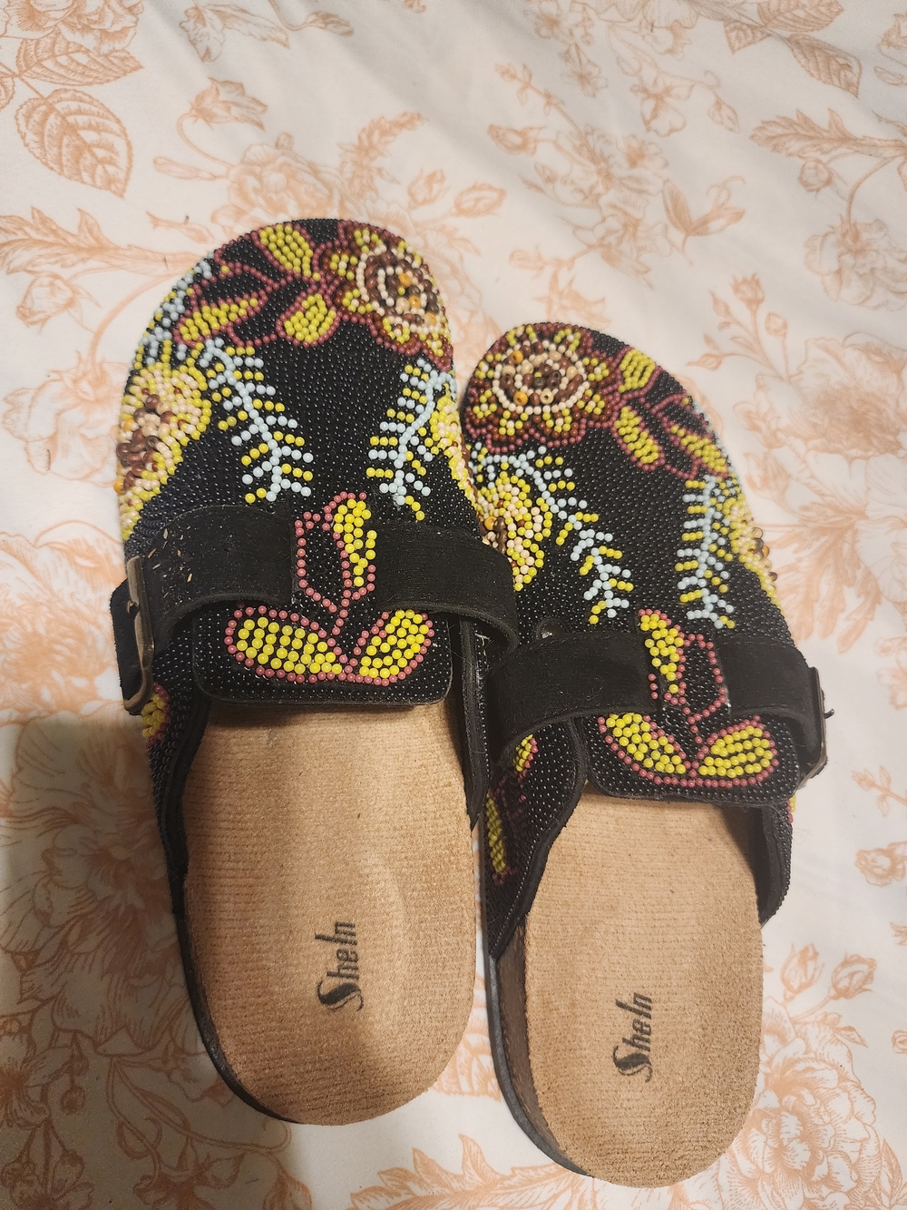 Stellah Black Beaded Floral Slip-On Sandals - Yellow & Pink Accents